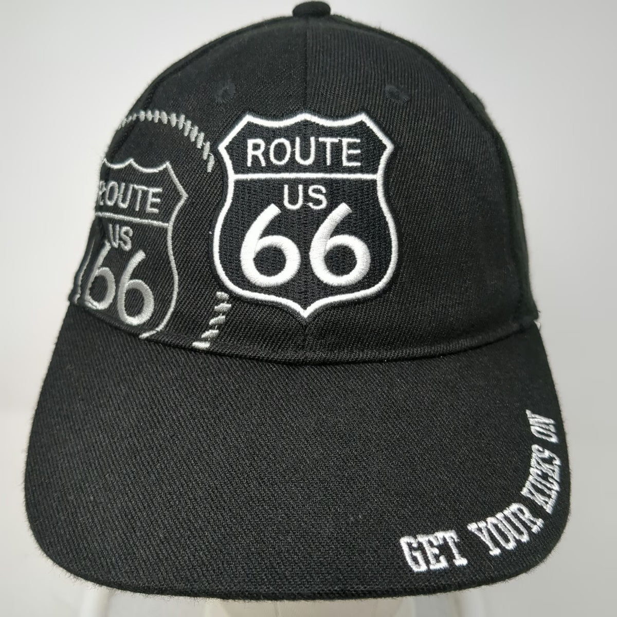 Route 66 Baseball Cap Black One Size Get Your Kicks On Road Sign Strapback Hat