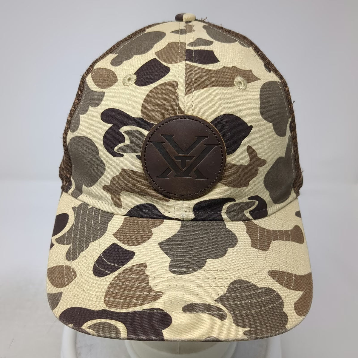Vortex Trucker Hat Beige Brown Camo One Size Snapback Mesh Logo Patch Hunting