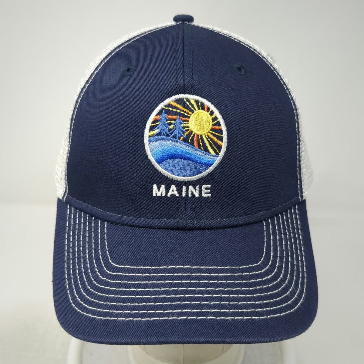 Ouray Sportswear Trucker Hat Blue White One Size Mesh Maine Sun Waves Trees hat