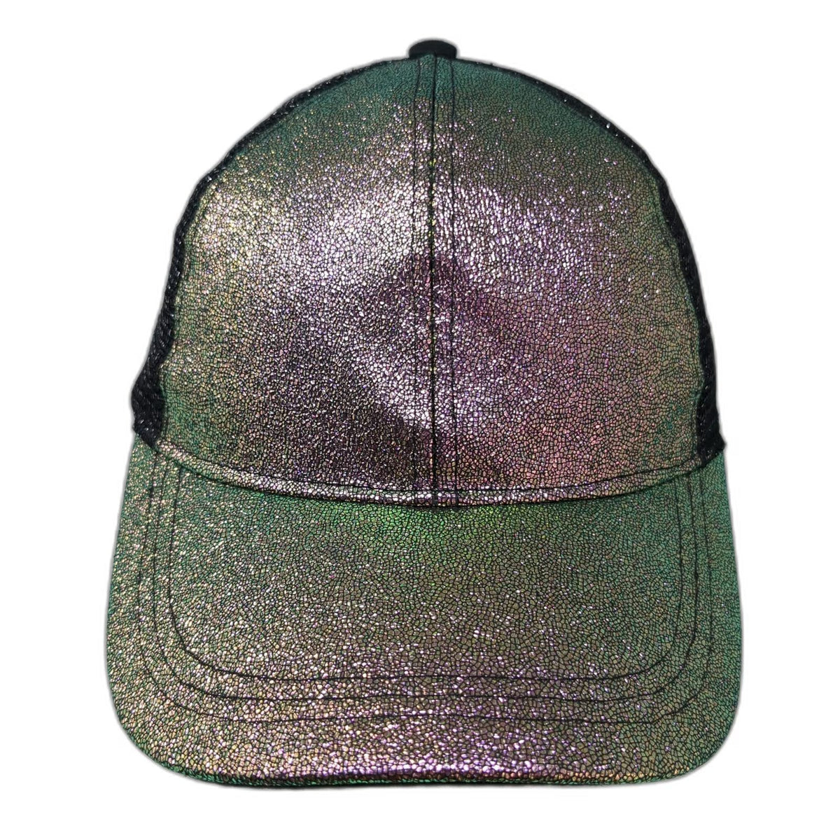 Trucker Hat Green Purple One Size Iridescent Crackle Metallic Mesh Back Hat