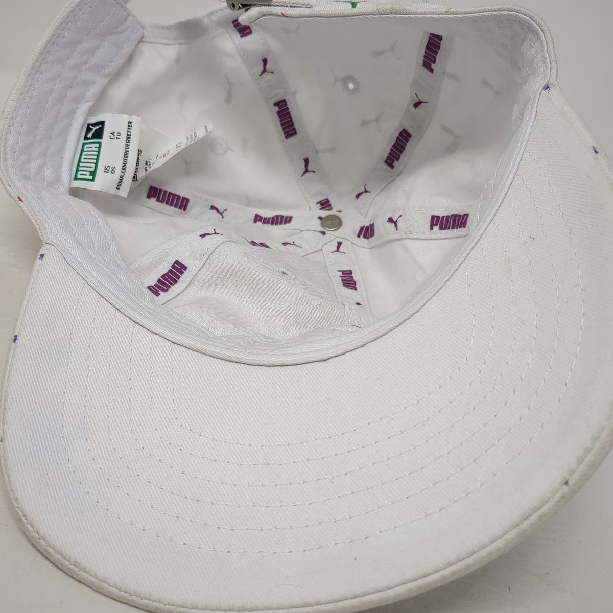 Puma Baseball Cap White One Size Iridescent Rainbow Mini Logo Print Hat Buckle
