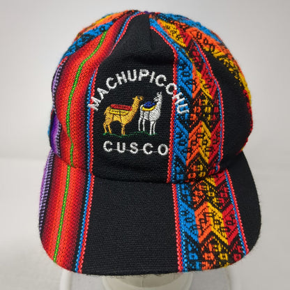 Black 5 Panel Machu Picchu Cusco Llama Woven Geometric Pattern Hat One Size
