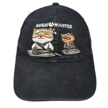 Sushi Master Cat Graphic Baseball Cap Black One Size Strapback Novelty Chef Hat