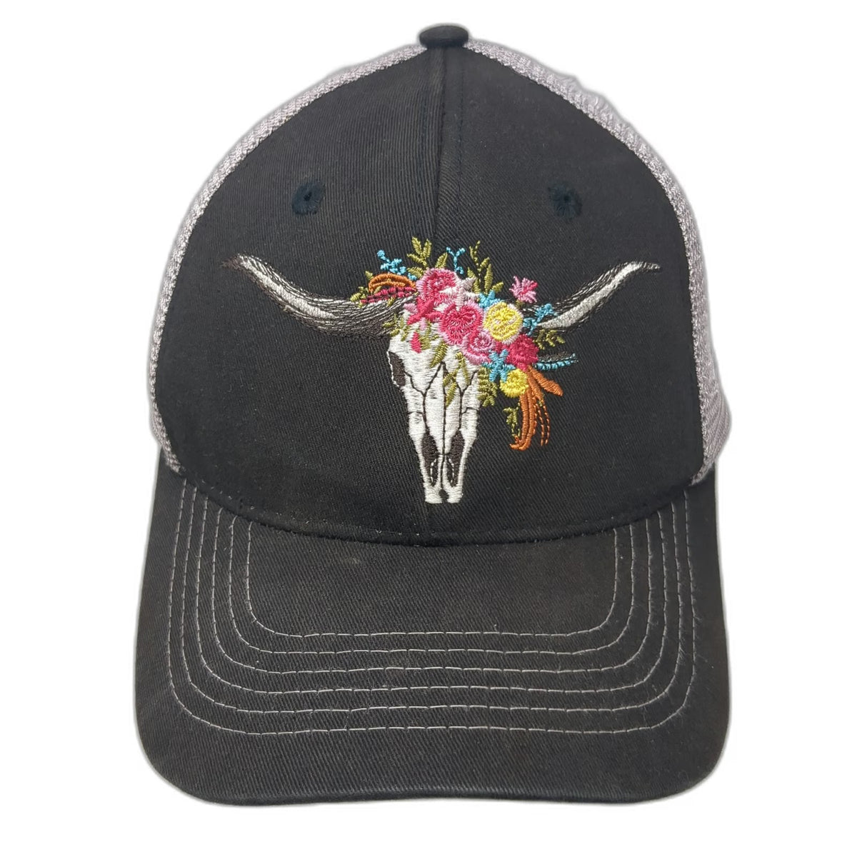 Arcadian Outfitters Trucker Hat Black One Size Floral Bull Skull Mesh Snapback