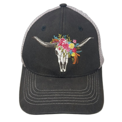 Arcadian Outfitters Trucker Hat Black One Size Floral Bull Skull Mesh Snapback