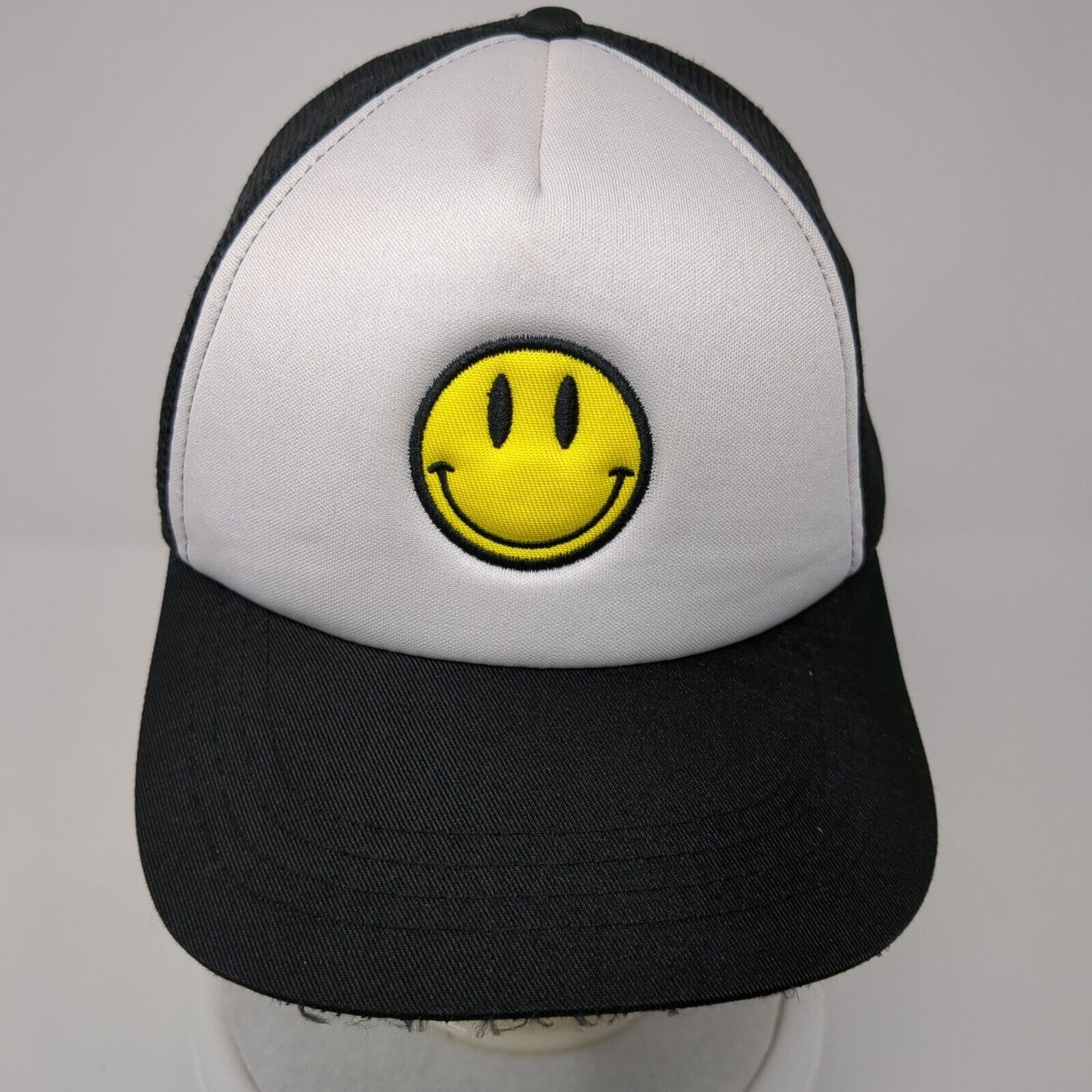 Smiley Face Snapback Mesh Back Trucker Hat Black One Size Embroidered