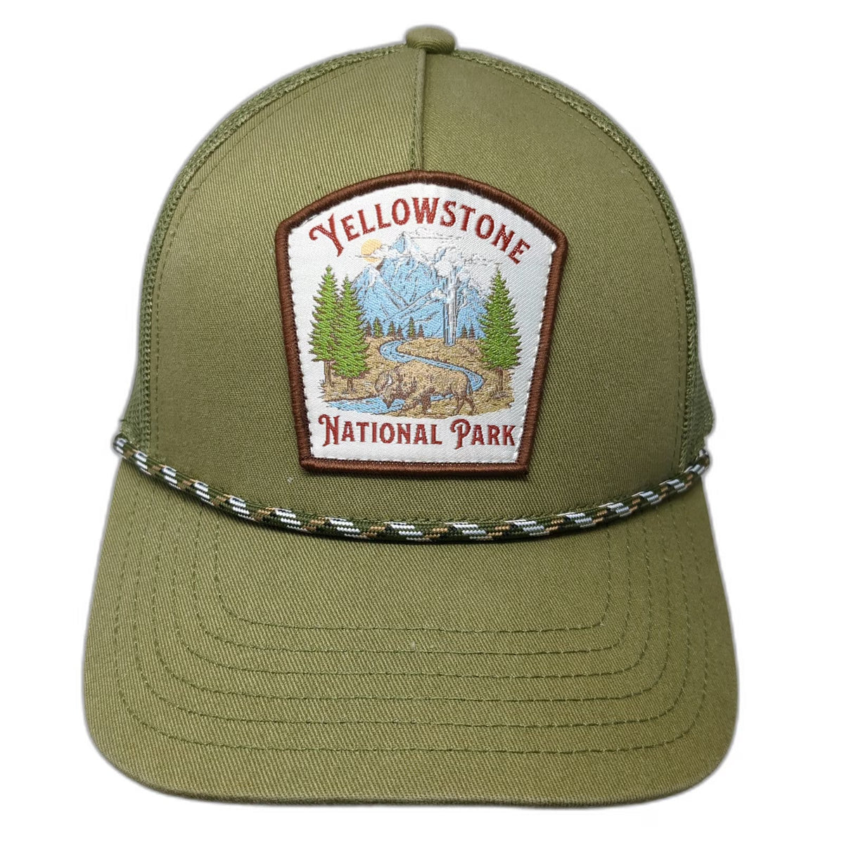 Mad Engine Trucker Hat Green One Size Yellowstone National Park Bison Patch Mesh