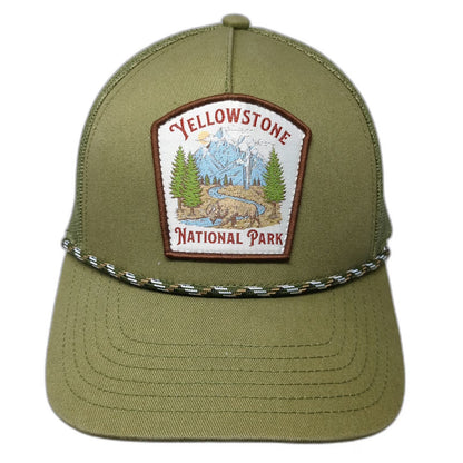 Mad Engine Trucker Hat Green One Size Yellowstone National Park Bison Patch Mesh