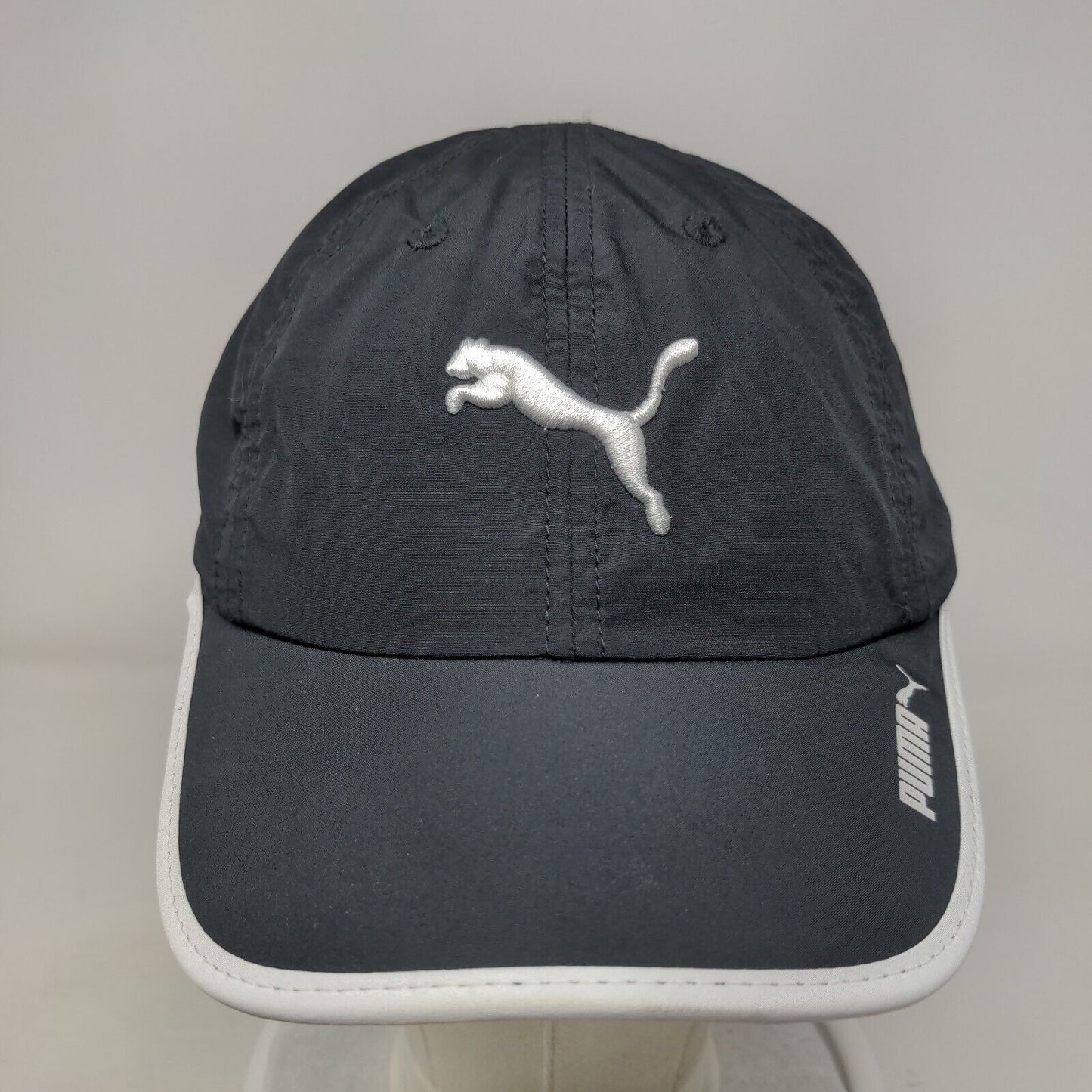 PUMA Strapback Hat Black OSFA Embroidered Vent Holes 6 Panel Adjustable