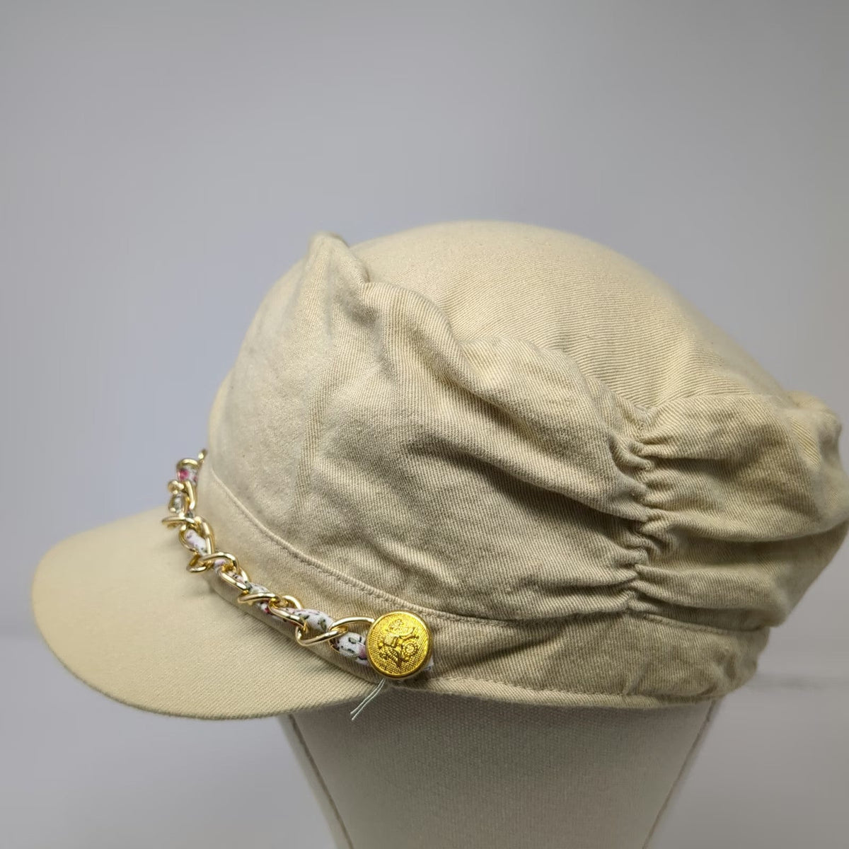 Lake Shore Drive Army Cap Beige One Size Gold Chain Floral Detail Ruched Hat