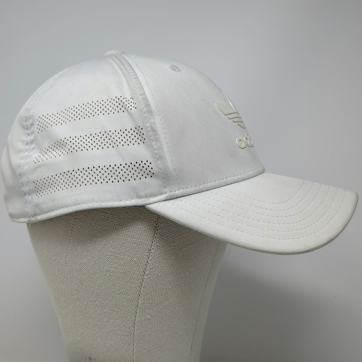 Adidas Snapback Hat White One Size Perforated 3-Stripes Rubberized Logo 6 Panel