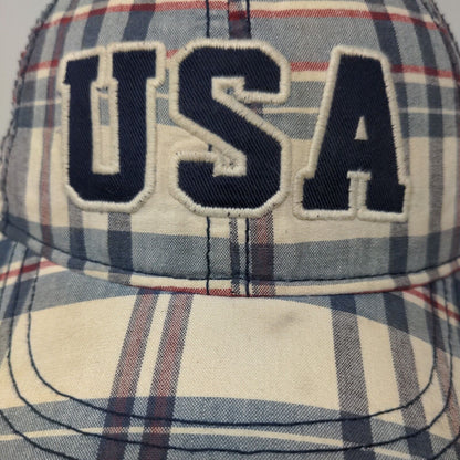 USA Strapback Hat Multicolor Size 4-7 Plaid Patriotic Embroidered 6 Panel