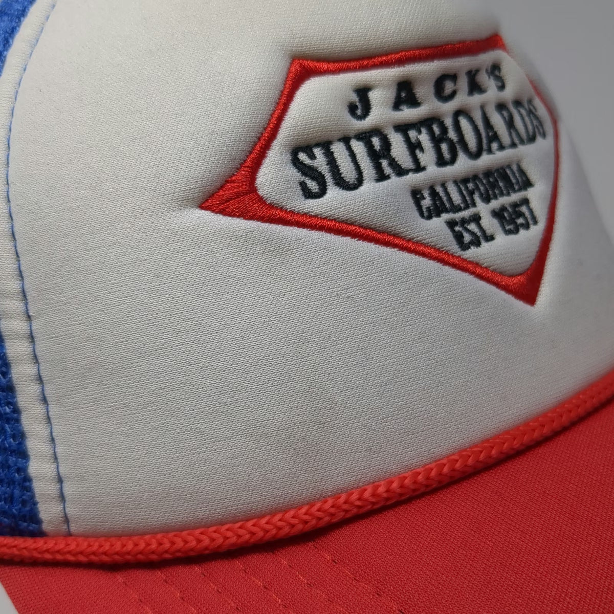 Jack's Surfboards Trucker Hat White Blue Red OSFM California Mesh Back Rope Logo