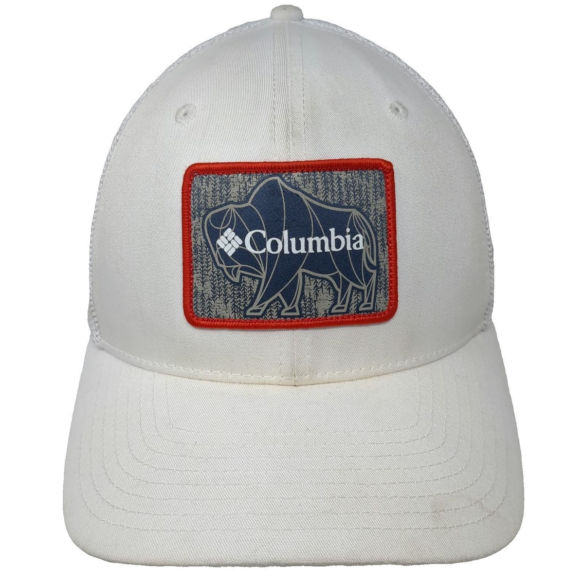 Columbia Baseball Cap White M Mesh Back Bison Patch Fitted Hat Buffalo Graphic