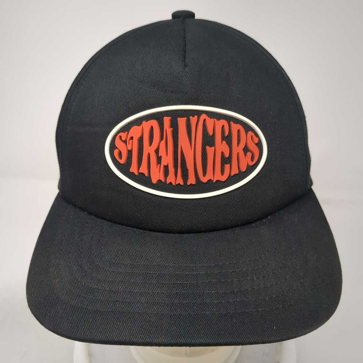 5 Panel Hat Black One Size STRANGERS Red Rubber Logo Slideback Closure Cap