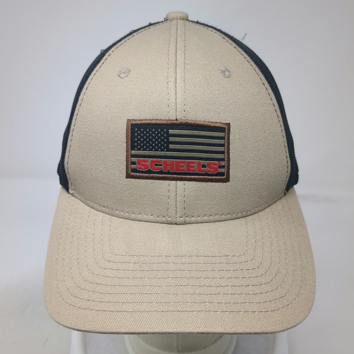 Scheels American Flag Trucker Hat Beige One Size Mesh Snapback Outdoor Sports