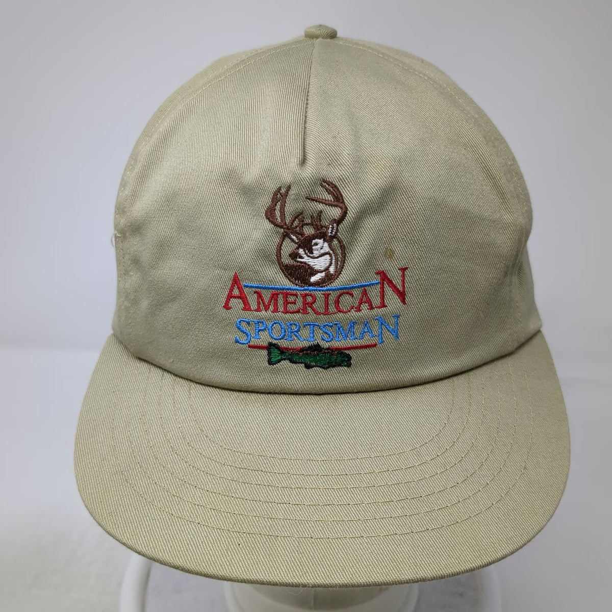 American Sportsman 5 Panel Hat Beige Snapback Buck Bass Made in USA Vintage