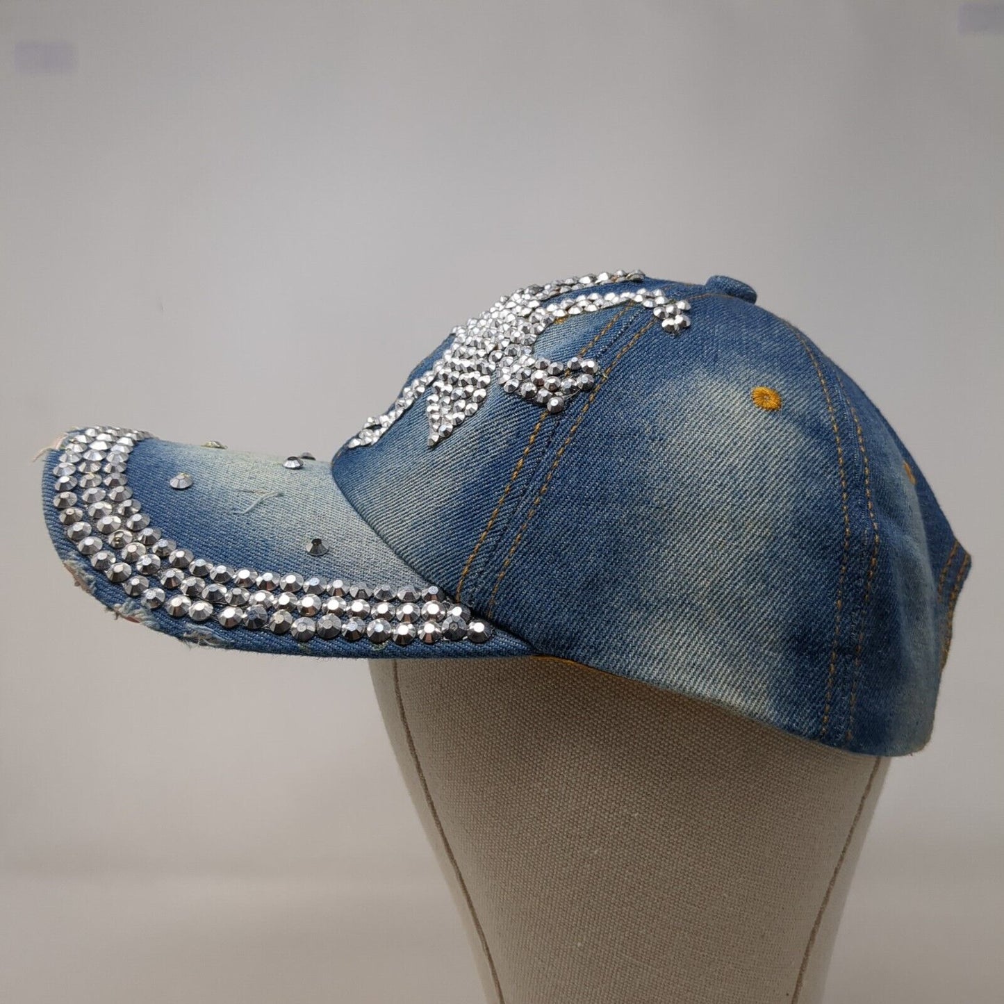 Rhinestone Bling Slideback Hat Blue One Size Adjustable Denim Studded