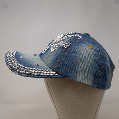 Rhinestone Bling Slideback Hat Blue One Size Adjustable Denim Studded