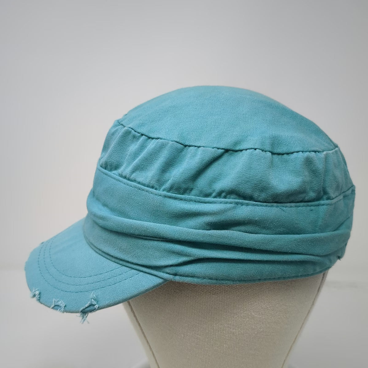 Army Cap Blue One Size Distressed Frayed Ruched Band Cadet Military Style Hat