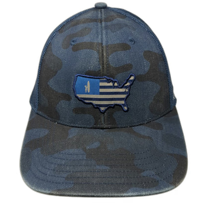 johnnie-O Trucker Hat Blue Camo USA Surfer Flag One Size Mesh Snapback Patch
