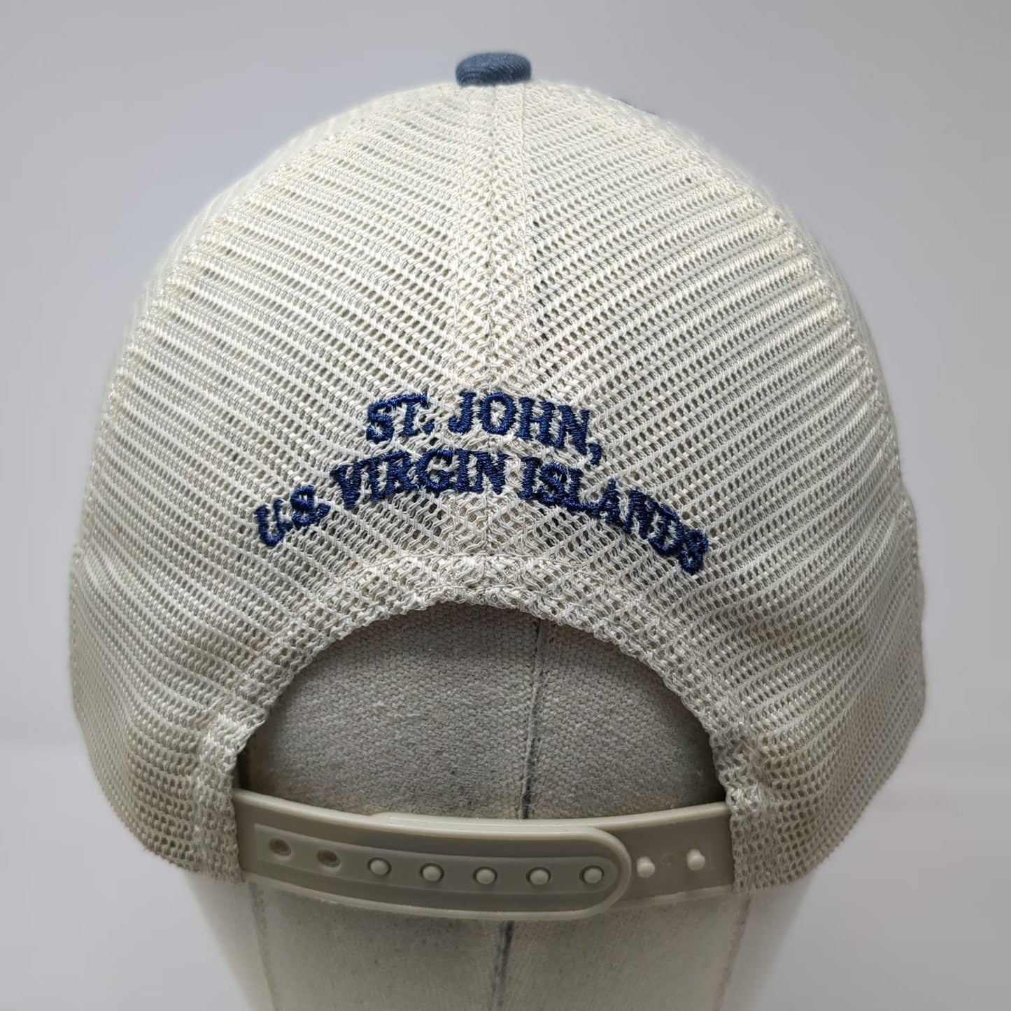 Sportsman Trucker Hat Blue White One Size Leather Patch Mesh St John USVI Bar