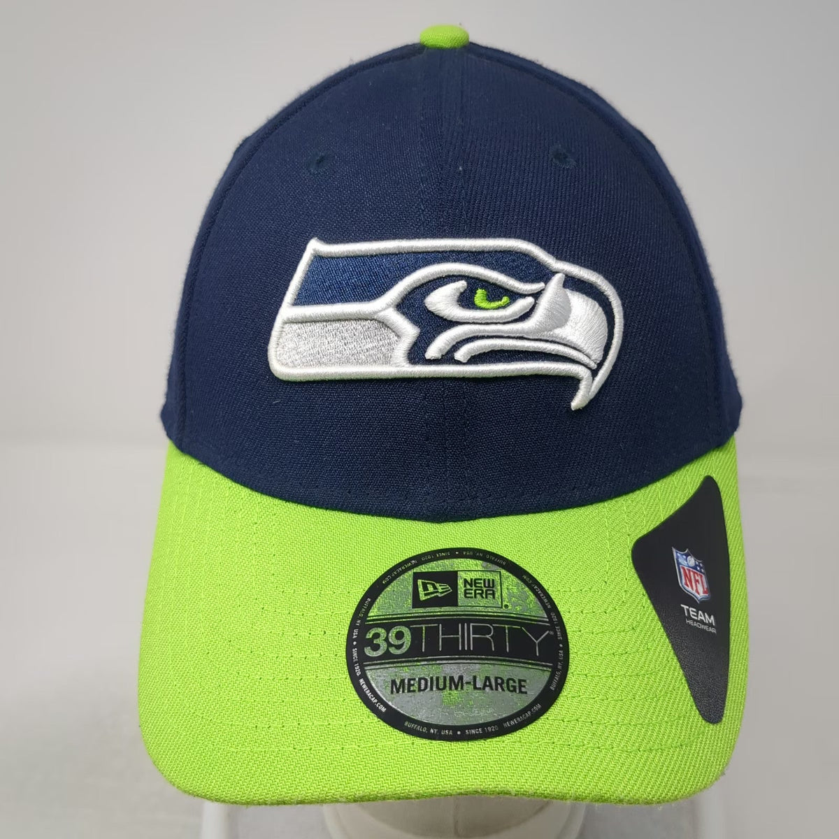 New Era NFL Seattle Seahawks Hat Blue Green L Cap 39THIRTY Stretch Fit Team Logo