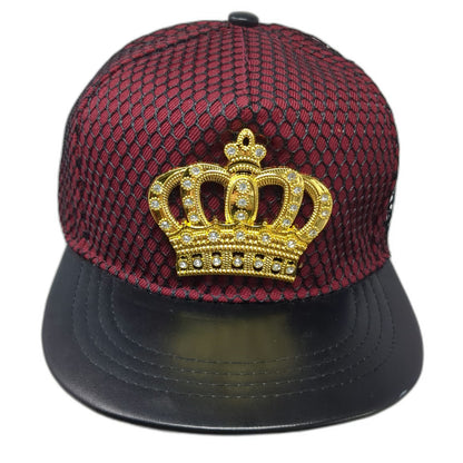 5 Panel Red Black Gold Hat One Size Rhinestone Crown Faux Leather Brim Snapback