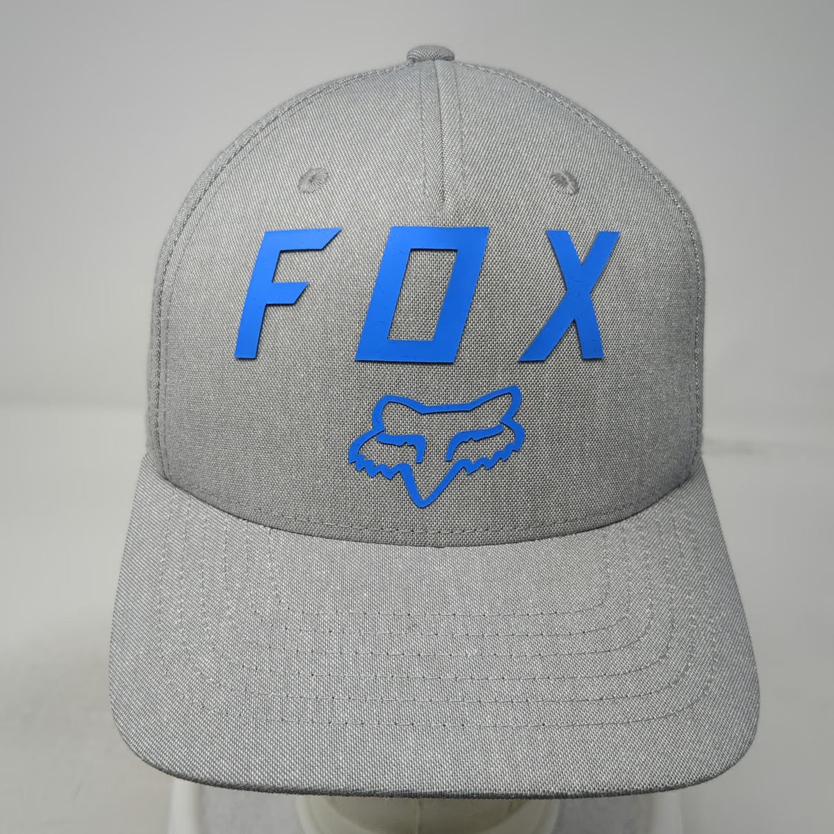 Fox 5 Panel Gray M Hat Blue Raised Logo Flexfit Fitted Curved Brim