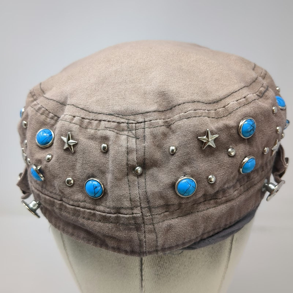 Brown Army Cap OSFM Studded Star Turquoise Embellished Cadet Cotton Hat Metal