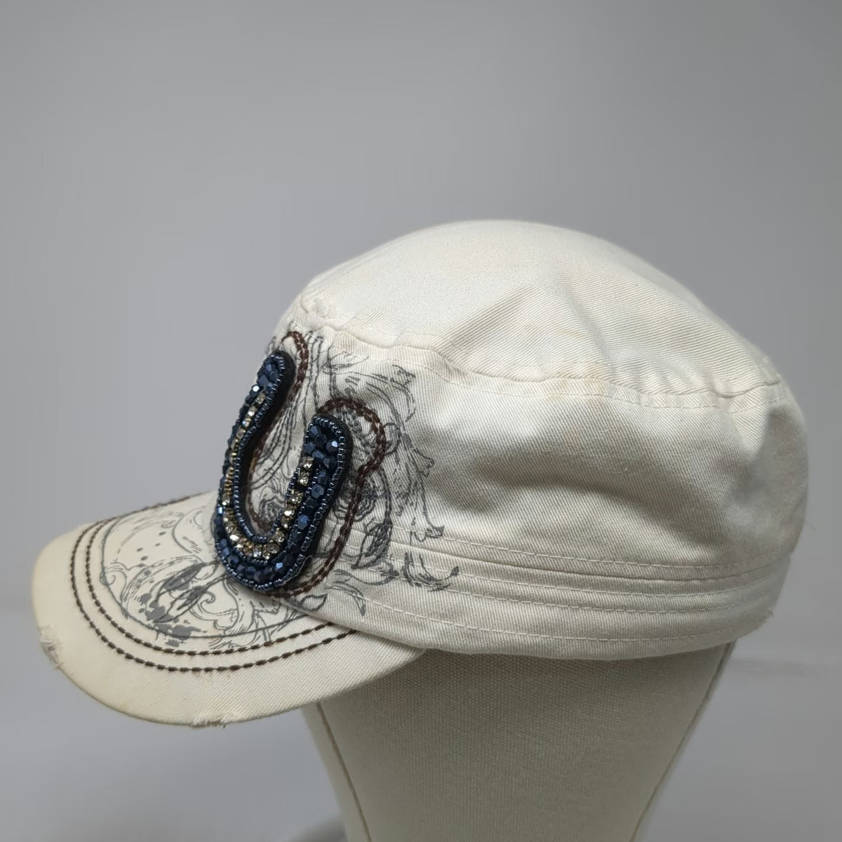 Leader LOGR Army Cap White One Size Beaded Horseshoe Floral Frayed Cadet Hat