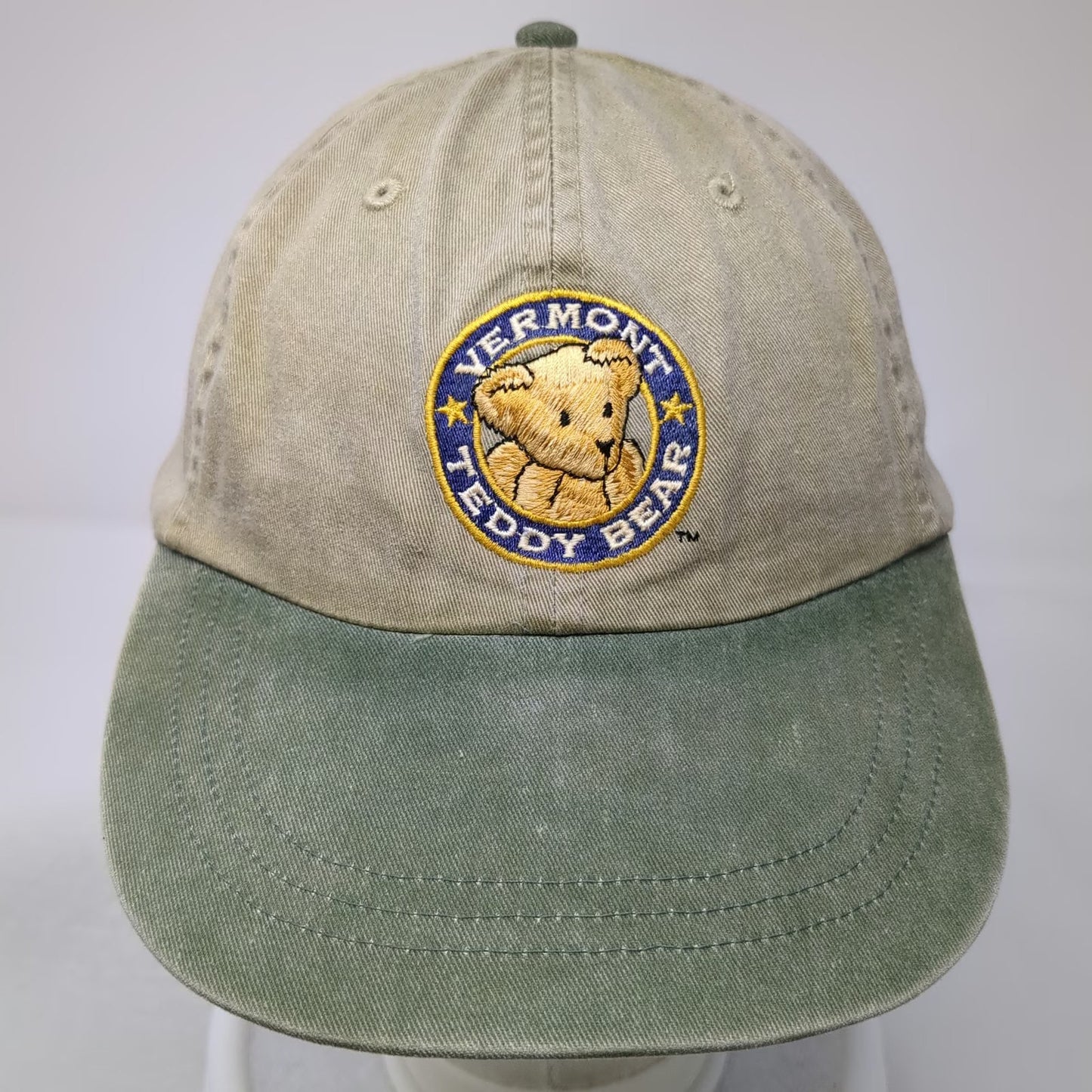 Adams Baseball Cap Beige Green Leather Strap Vermont Teddy Bear Hat Vintage