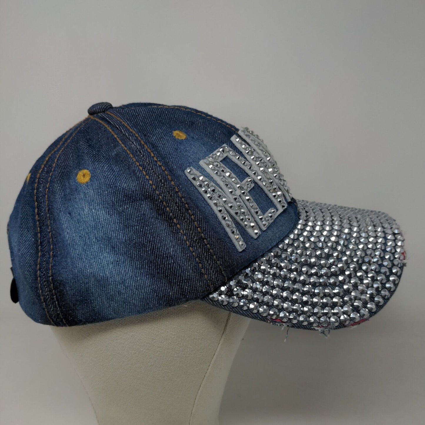 Unbranded Women's Slideback Hat Blue Denim New York Big Bling Rhinestones Cotton