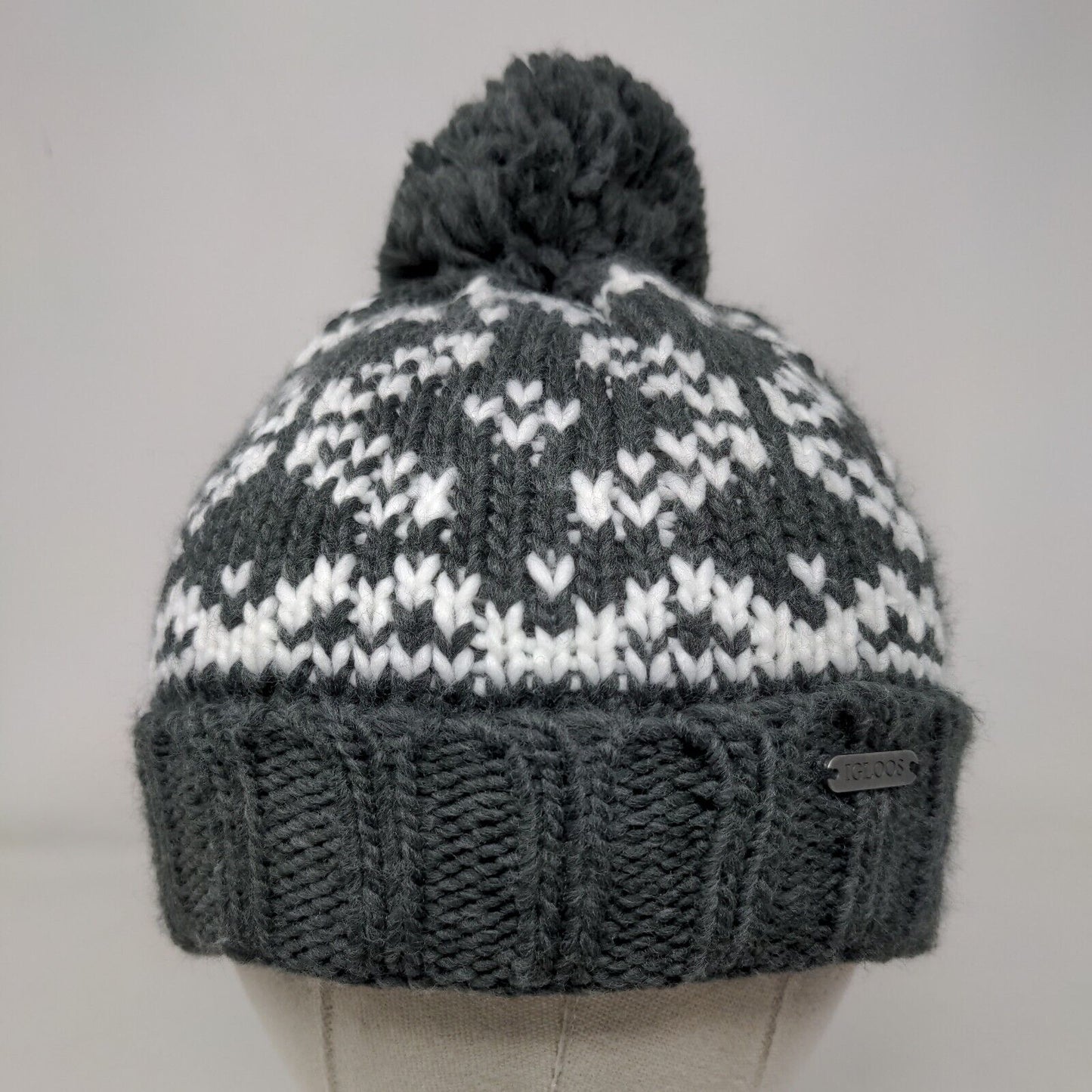 Igloos Ladies Beanie Hat Gray One Size Stretch Hand Knitted Pom Pom Blank