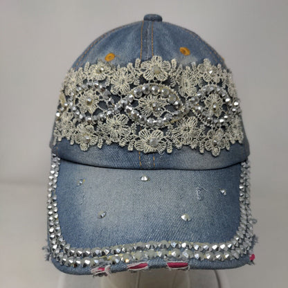 Unbranded Denim Slideback Hat Blue OSFM Studded Rhinestone Bling
