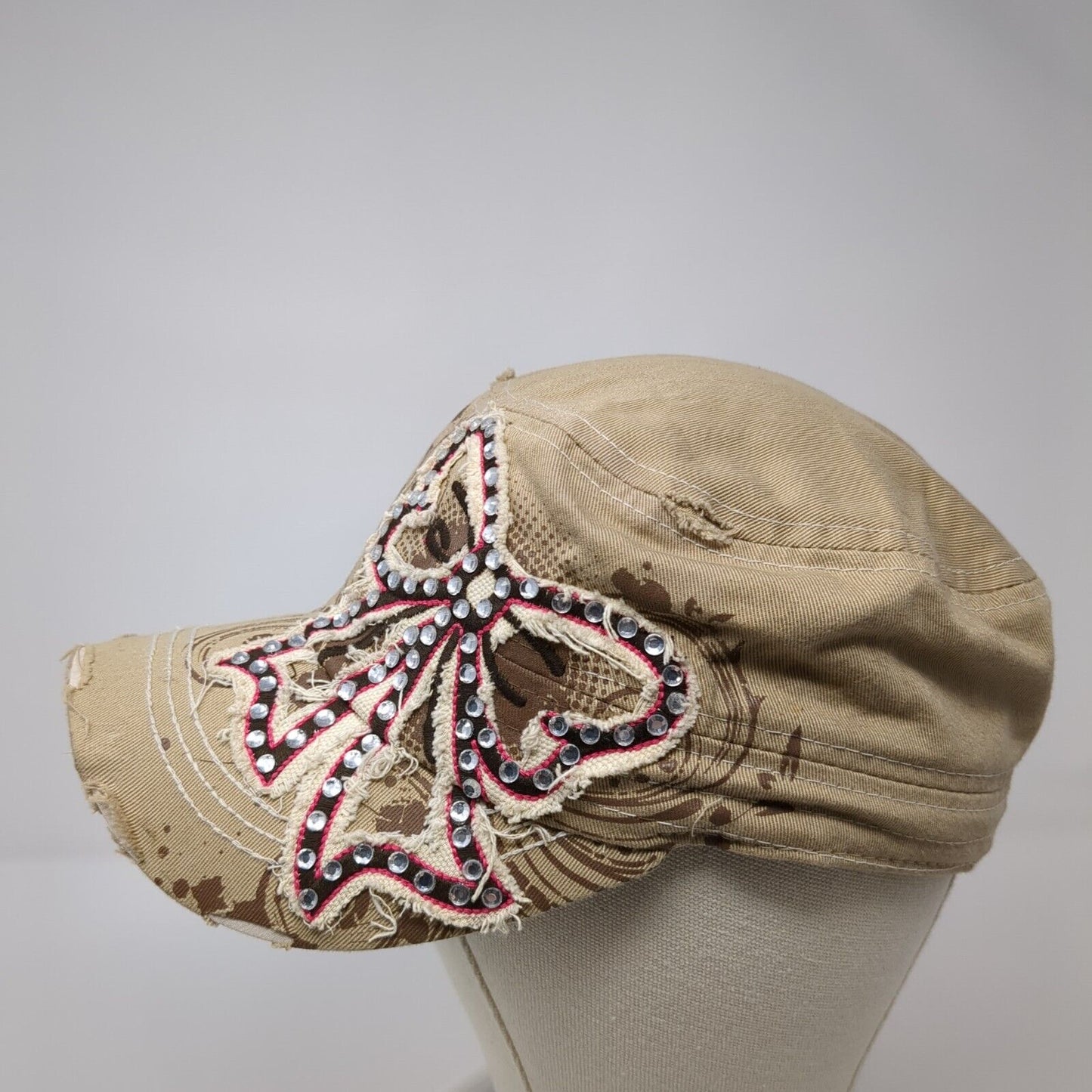 Leader Stretch Fitted Cadet Army Cap Hat Tan One Size Bow Rhinestone