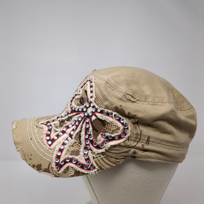 Leader Stretch Fitted Cadet Army Cap Hat Tan One Size Bow Rhinestone