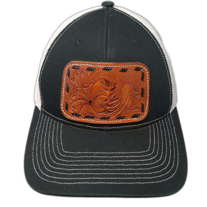 Outdoor Cap Trucker Hat Black White One Size Leather Patch Floral Tooled Mesh