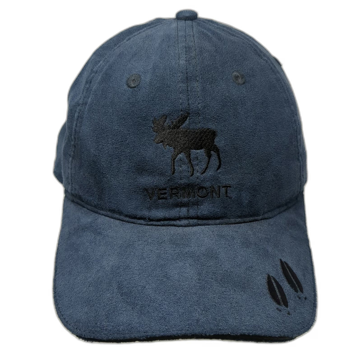 Blue Black Baseball Cap OSFM Moose Vermont Faux Suede Hoof Prints Slideback Hat