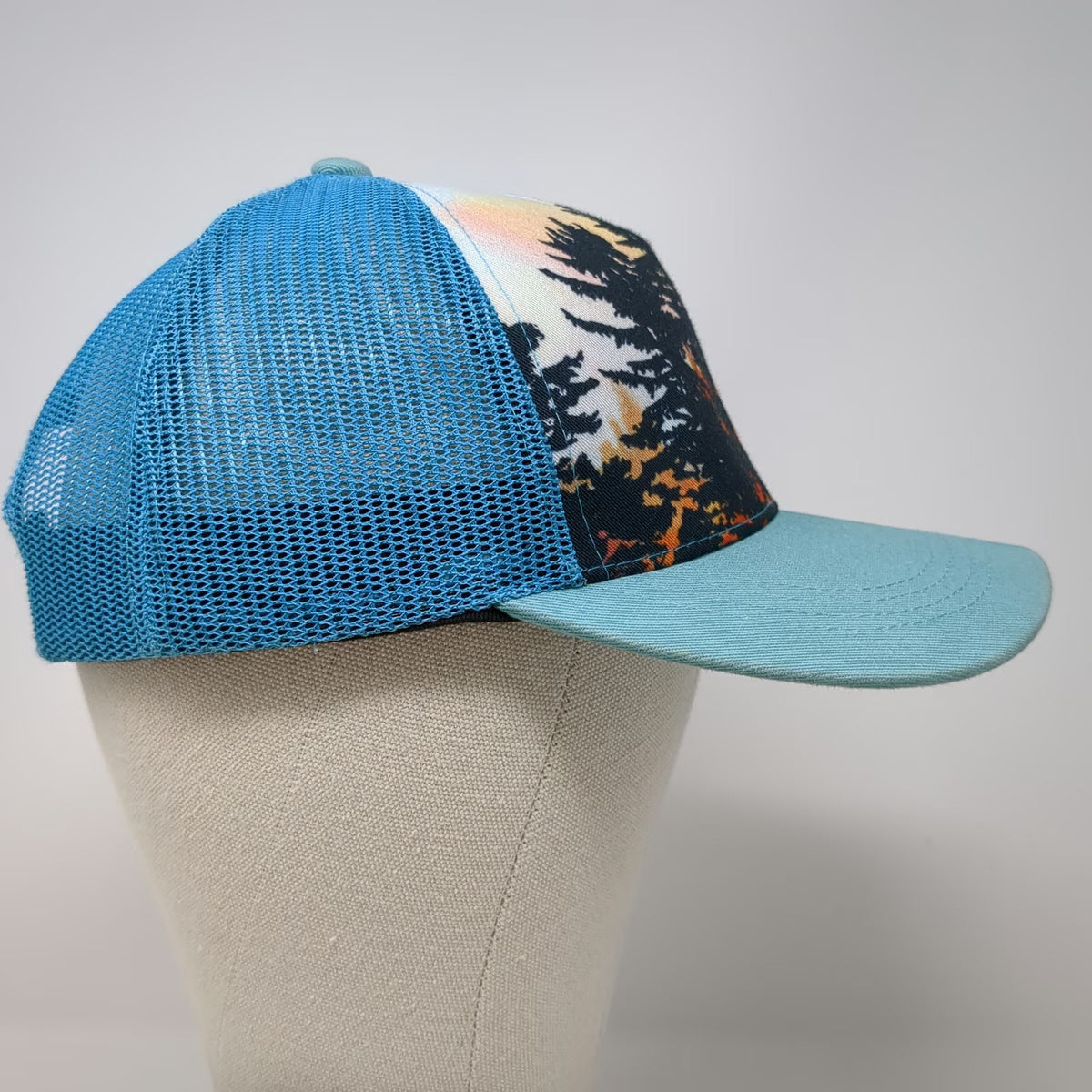 The Montana Scene Trucker Hat Blue One Size Sunset Tree Graphic Mesh Snapback