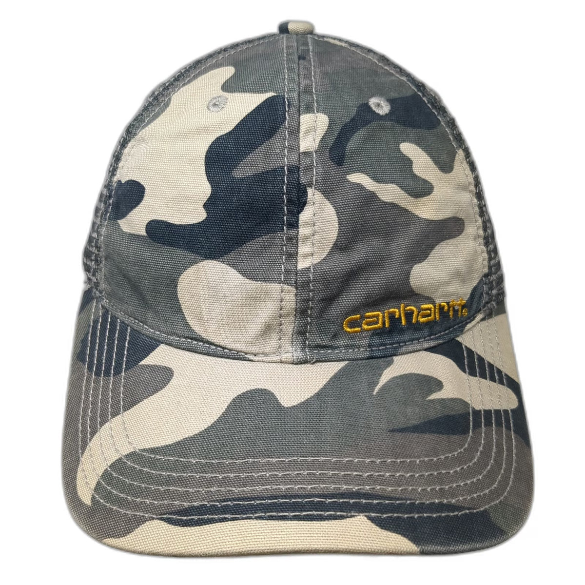 Carhartt Trucker Hat Gray Green Camo One Size Mesh Snapback Yellow Logo Outdoor