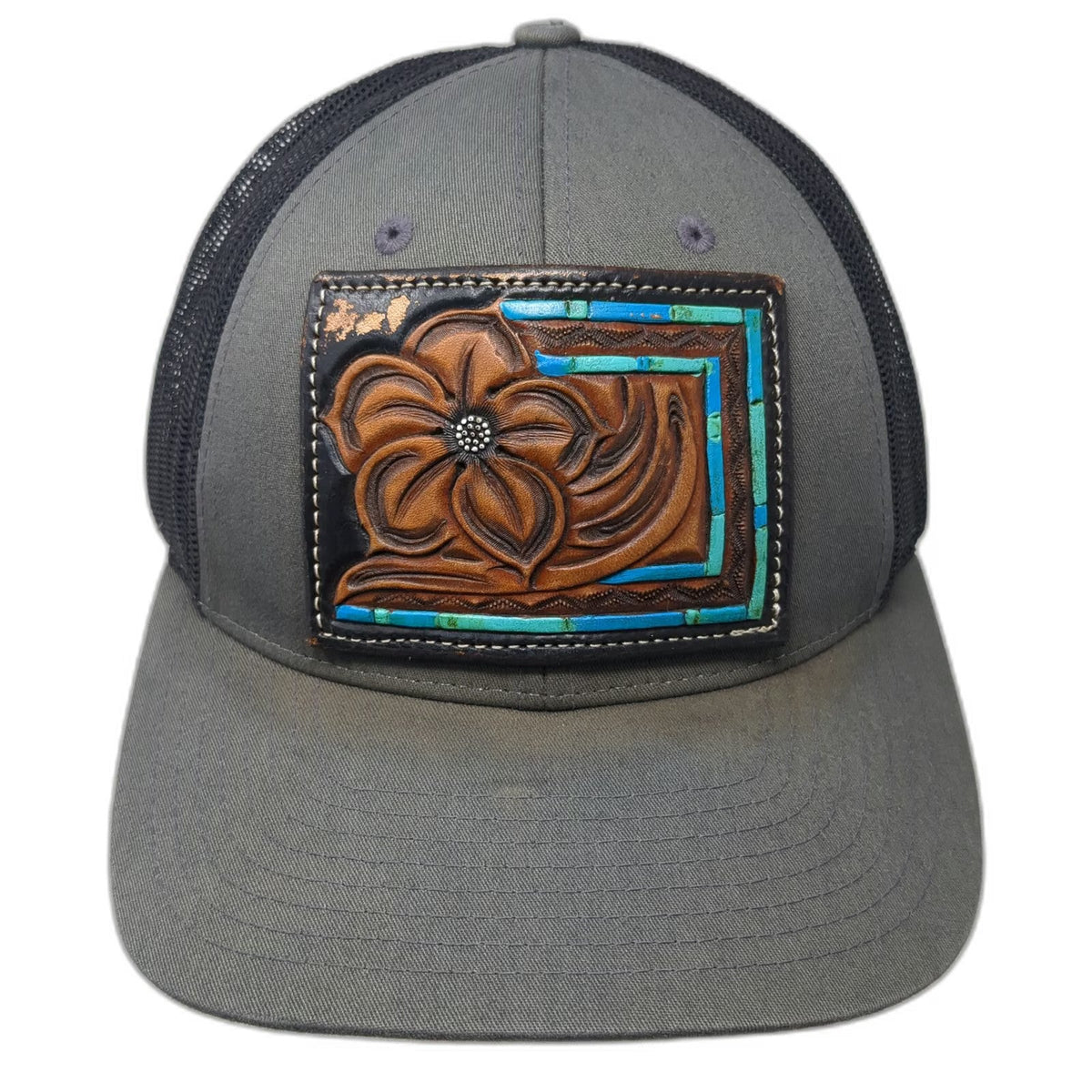 Richardson Trucker Hat Gray L Leather Floral Patch Western Blue Mesh Snapback