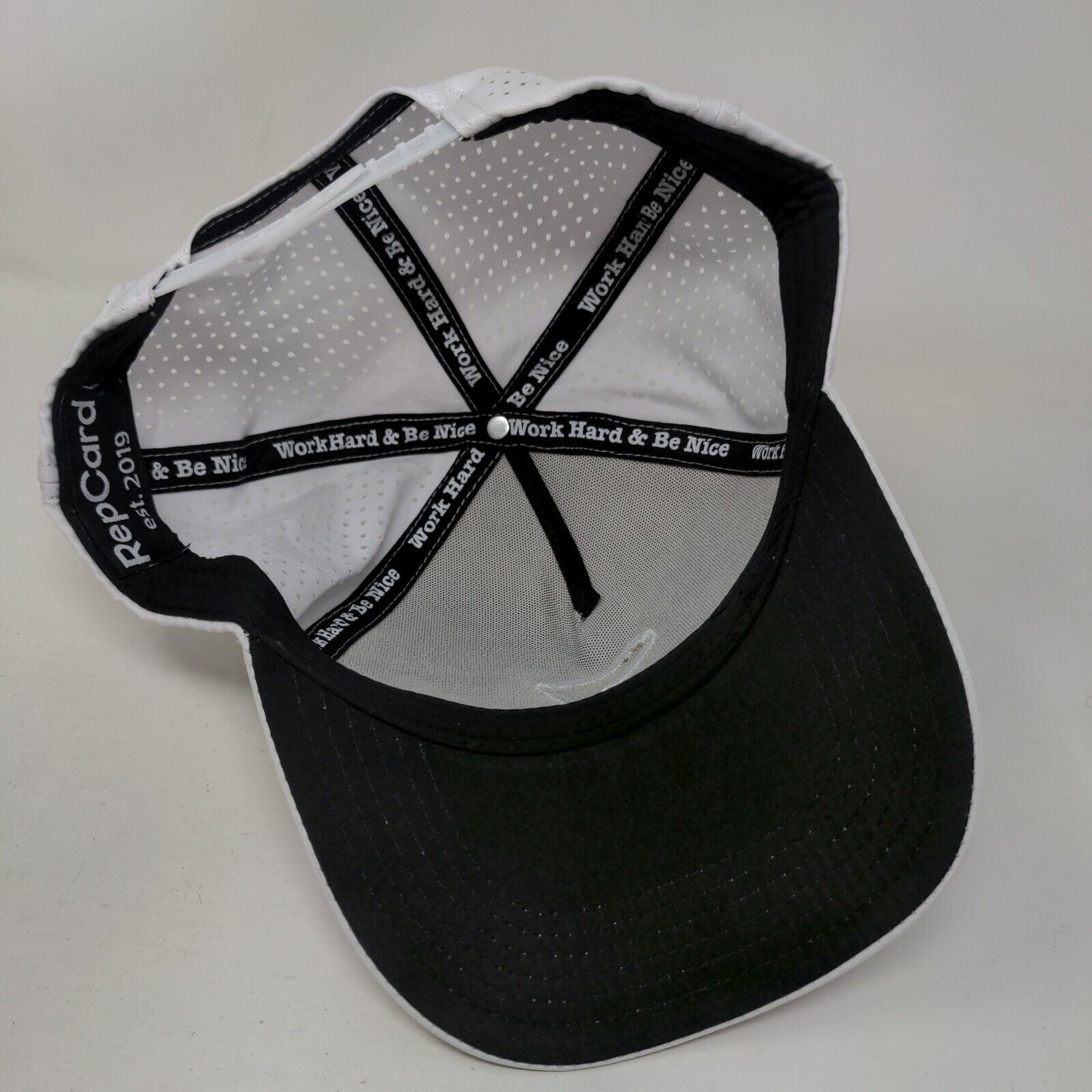 RepCard Snapback Hat White One Size Embroidered Logo Laser Cut