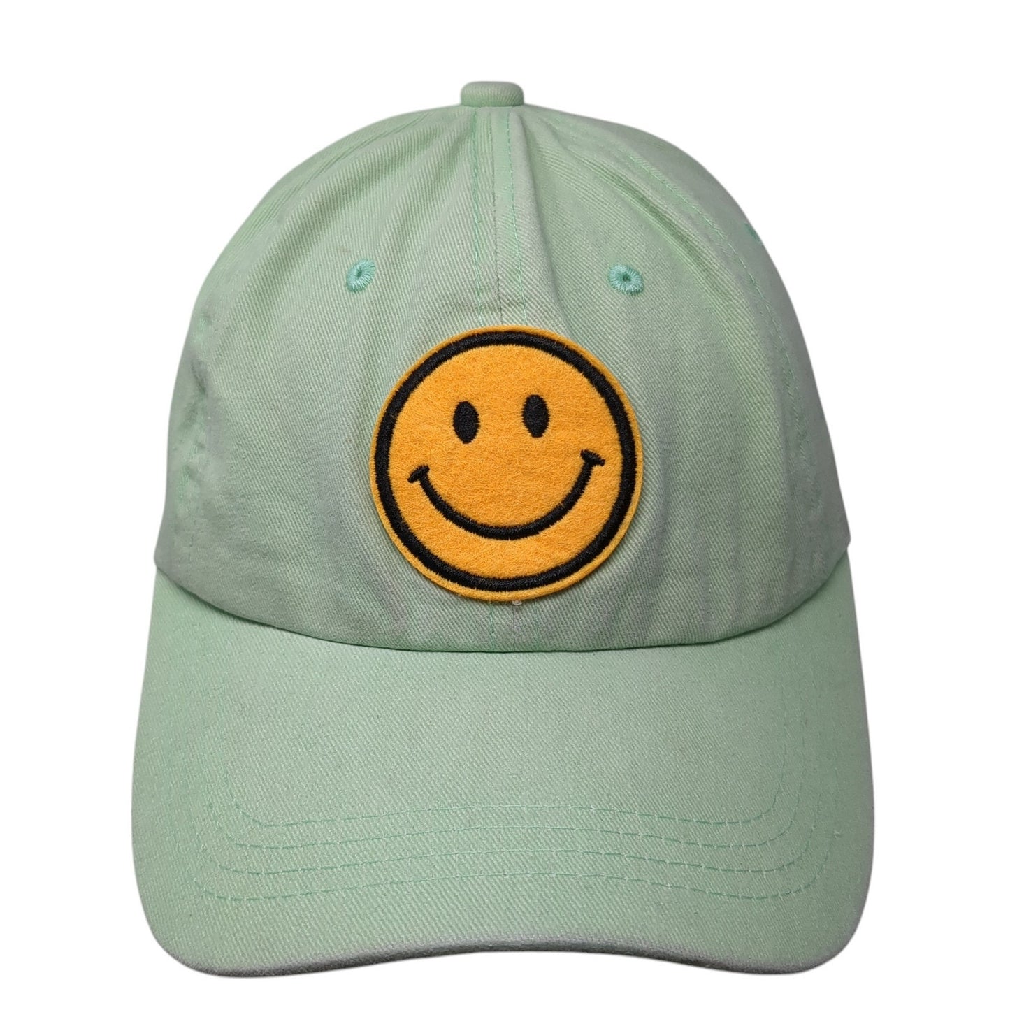 Smiley Face Patch Slideback Hat Green One Size Adjustable Vent Holes