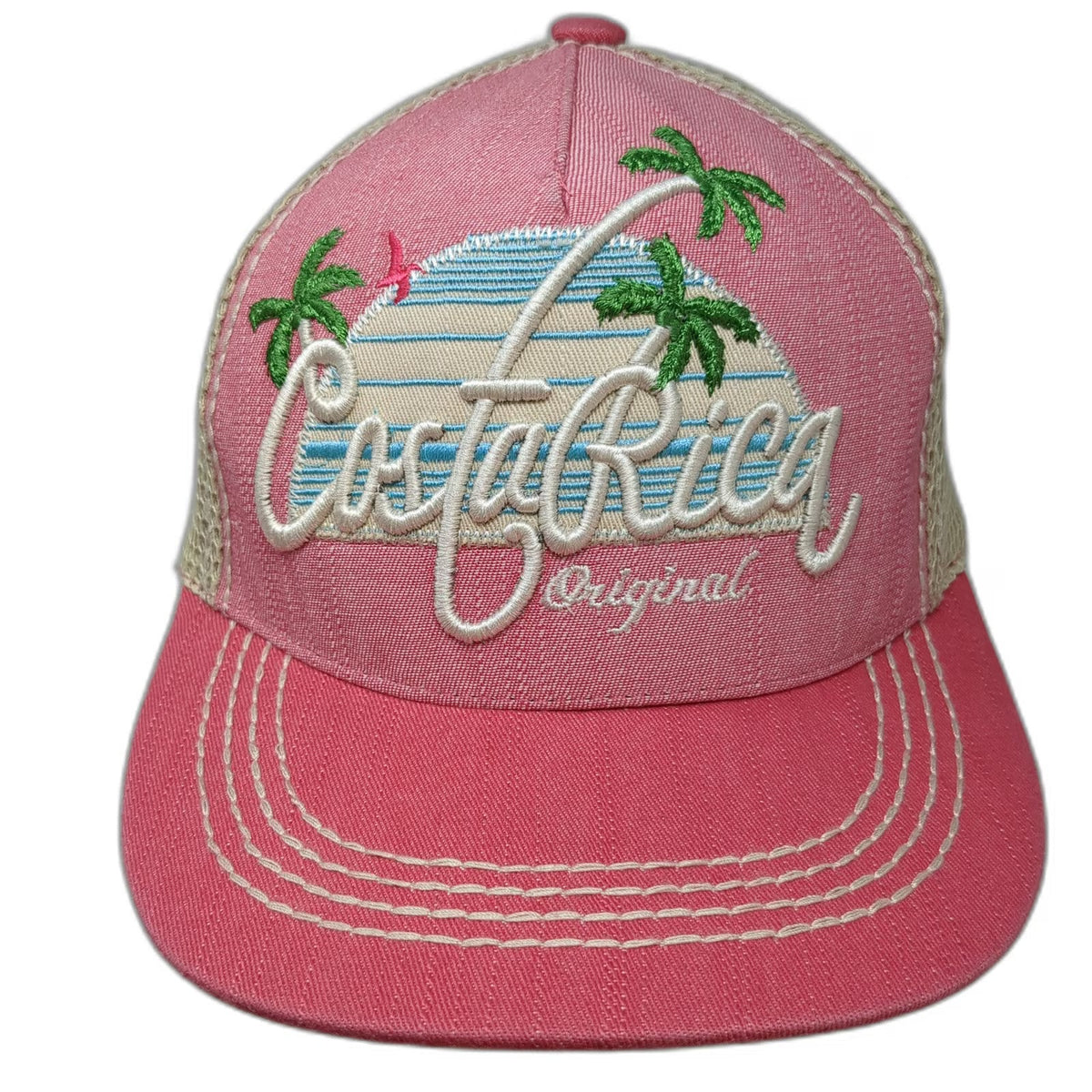 Pura Vida Adventure Costa Rica Trucker Hat Pink OSFM Snapback Mesh Palm Trees