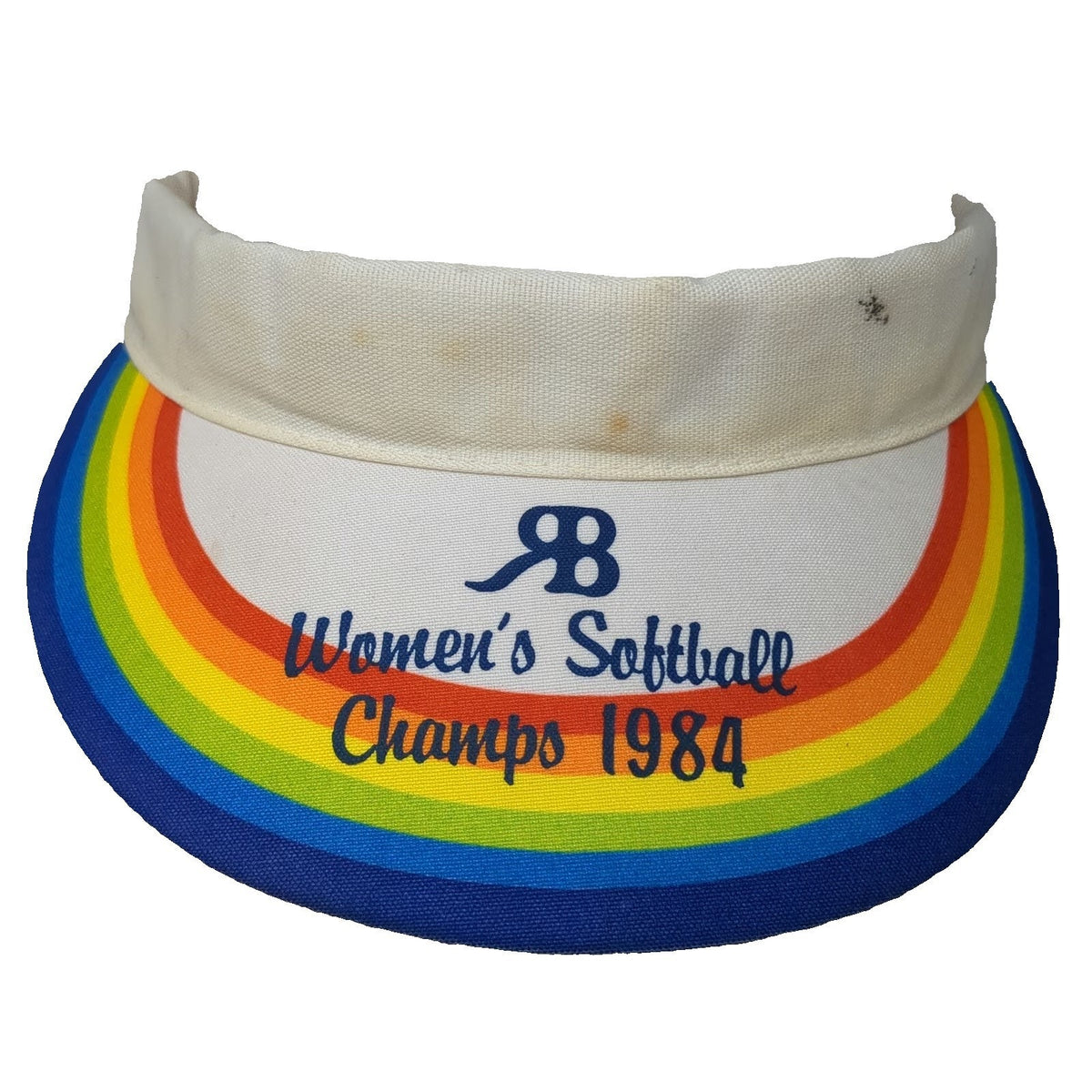 White Blue Red Orange Yellow Green 1984 Softball Champs Visor Hat Strap Vintage