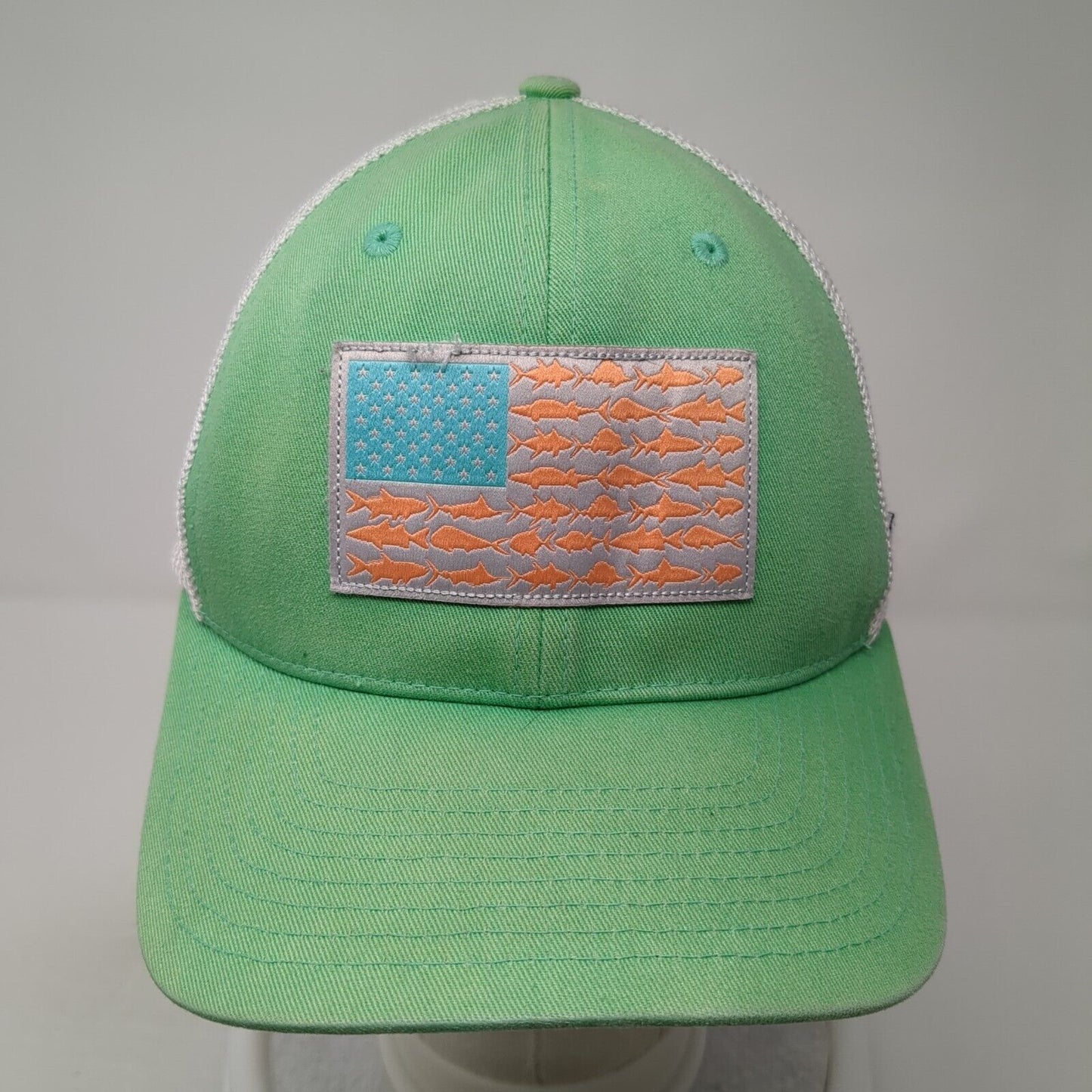 Columbia Fish Flag Fitted Trucker Hat Green S/M Lightweight Mesh Back 6 Panel