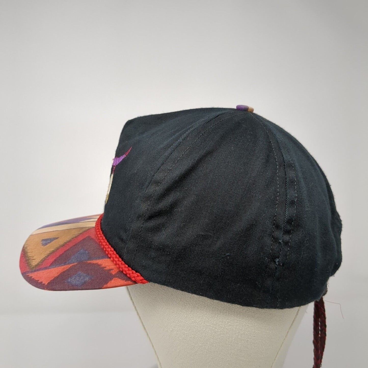 Vintage Bob Massey Tie Back Trucker Hat Black Southwest Pattern USA Skull