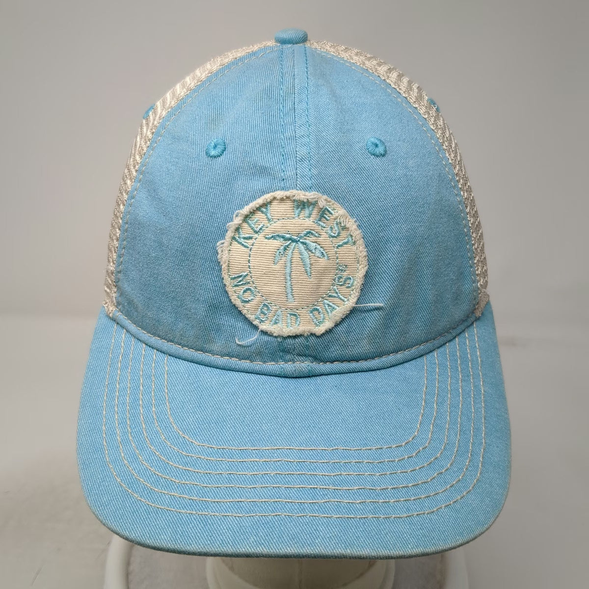 Blue 84 Trucker Hat Beige One Size Key West Palm Tree Patch Mesh Back Snapback