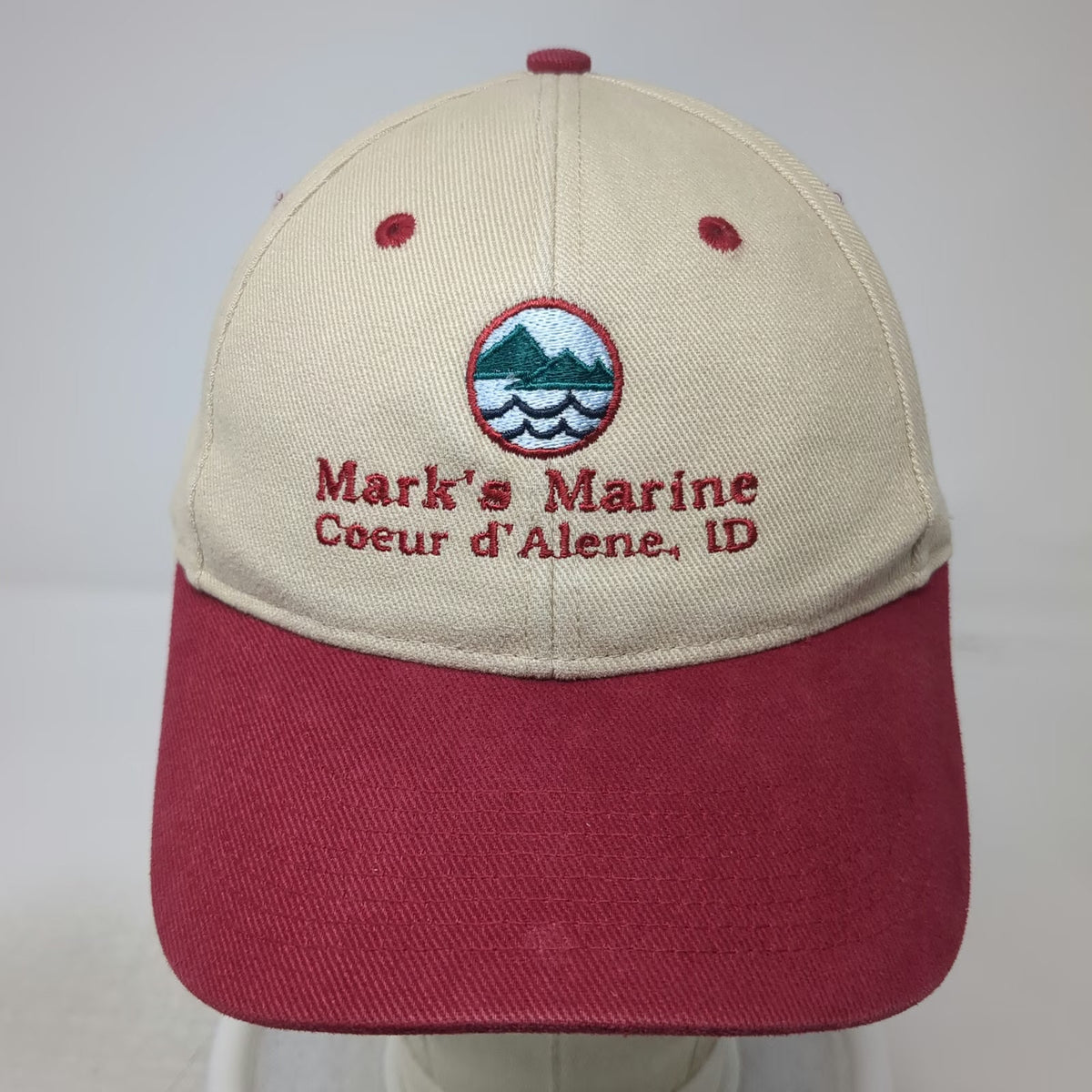 Falcon Baseball Cap Beige Red Mark's Marine Coeur d'Alene ID One Size Cotton Hat